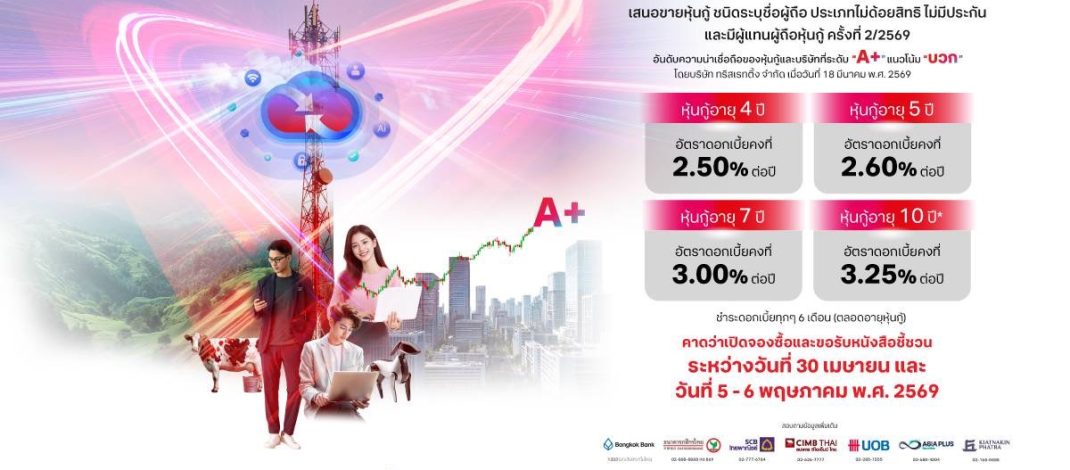 ทรู ประกาศดอกเบี้ยหุ้นกู้ชุดใหม่ อายุ 4 – 10 ปี ที่ 2.50 – 3.25% ต่อปี ชูทางเลือกที่มั่นคง เสริมแกร่งพอร์ตลงทุนรับมือตลาดการเงินผันผวน