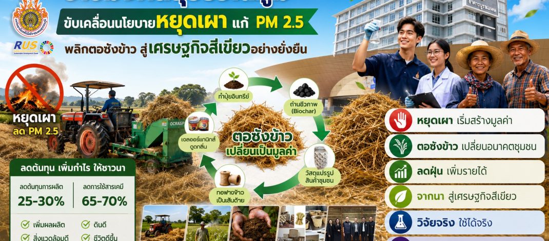 ราชมงคลสุวรรณภูมิ บูรณาการวิจัย-นวัตกรรม พลิก “ตอซังข้าว” ลด PM 2.5 สร้างรายได้ใหม่ให้เกษตรกร