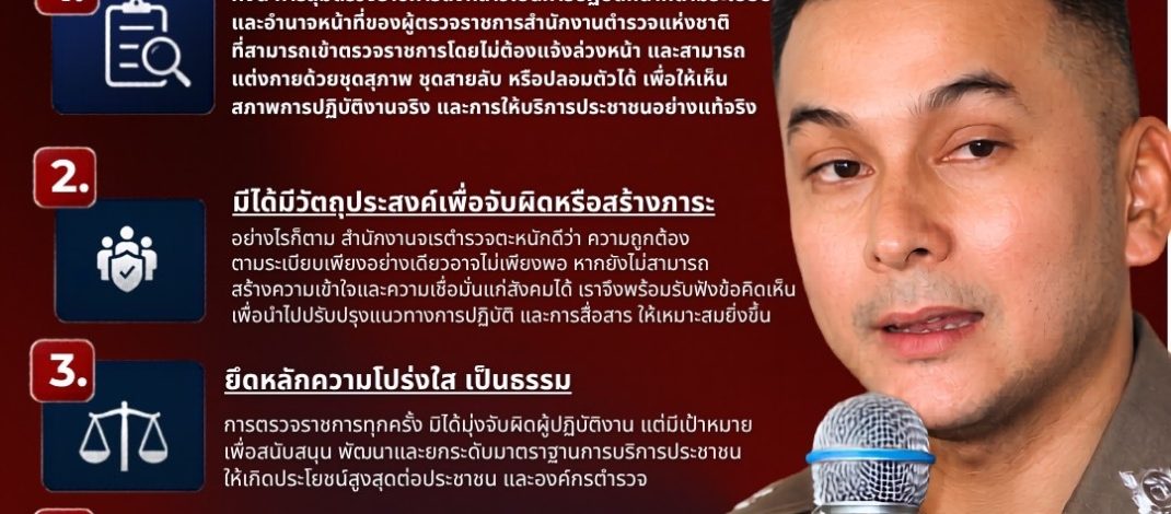 สำนักงานจเรตำรวจชี้แจงกรณีสุ่มตรวจราชการ สภ.เสม็ด ยืนยันดำเนินการตามอำนาจหน้าที่ พร้อมรับฟังทุกความเห็นจากสังคม